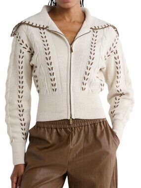 7 For All Mankind Cream Whipstitch Zip-Up Cable Knit Cardigan Sweater Large NWT